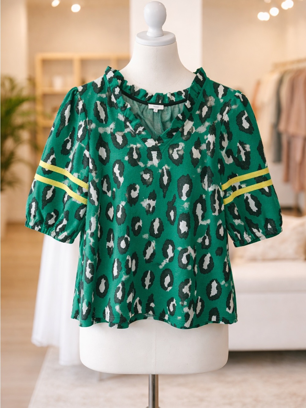 VOY Green Leopard Print Ruffle Neck Top with Yellow Stripe Sleeves